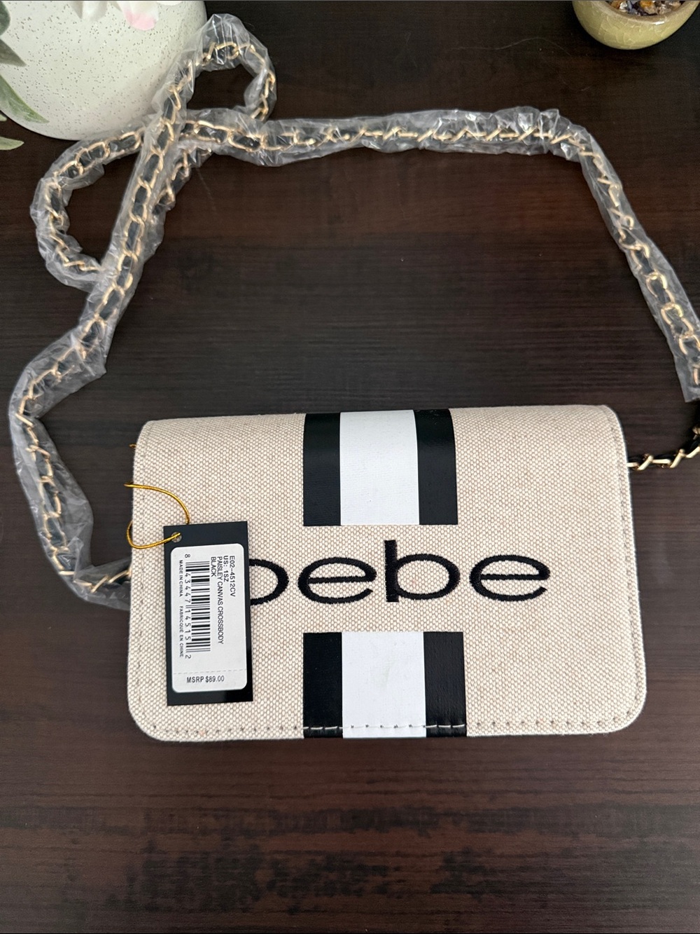 bebe Beige Canvas Crossbody with Black Stripe and Gold Chain - Picture 6 of 7